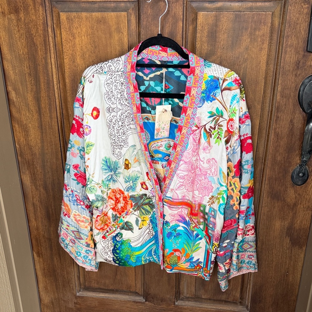 Johnny Was Dreamer Reversible Print Multicolor Heavily Embroidered Kimono